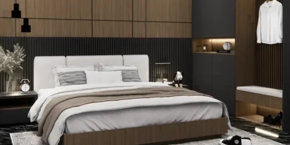 Kamar tidur double bed dengan nuansa gelap furnitur kayu yang terkesan minimalis namun modern.