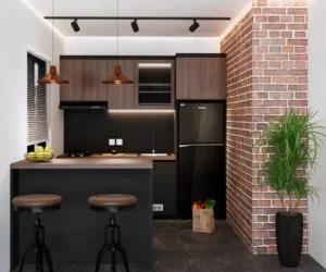 Dapur mini disertai meja makan. Bernuansa gelap dengan furniture kayu.