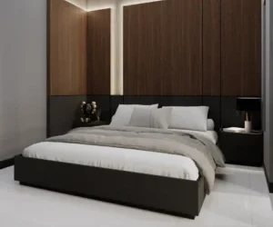 Kamar minimalis dengan Double Bed. Bernuansa kayu dengan meja kecil di samping ranjang untuk aksesoris dan lampu tidur.